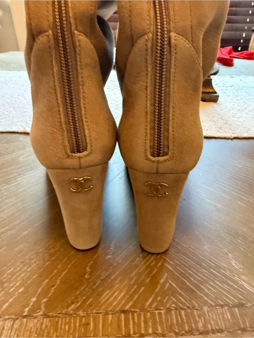 CHANEL Taupe Sued Boots with Black Cap Toe